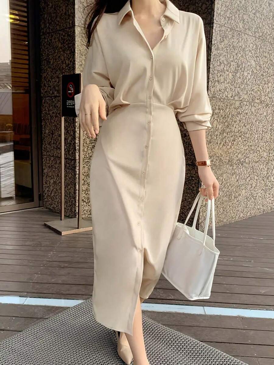 Women's Solid Color Front Button Long Sleeve Casual Long Dress Fall Cloth For Women - Apricot - View 1