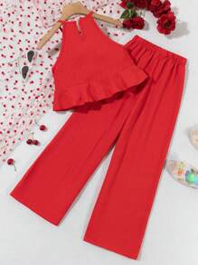 Conjunto de 2 piezas de pantalones y top halter de unicolor para niñas preadolescentes