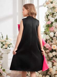 SHEIN Vestido elegante de fiesta para niñas preadolescentes con bloqueo de color, lazo y volantes en el dobladillo - Multicolor - Ver 2