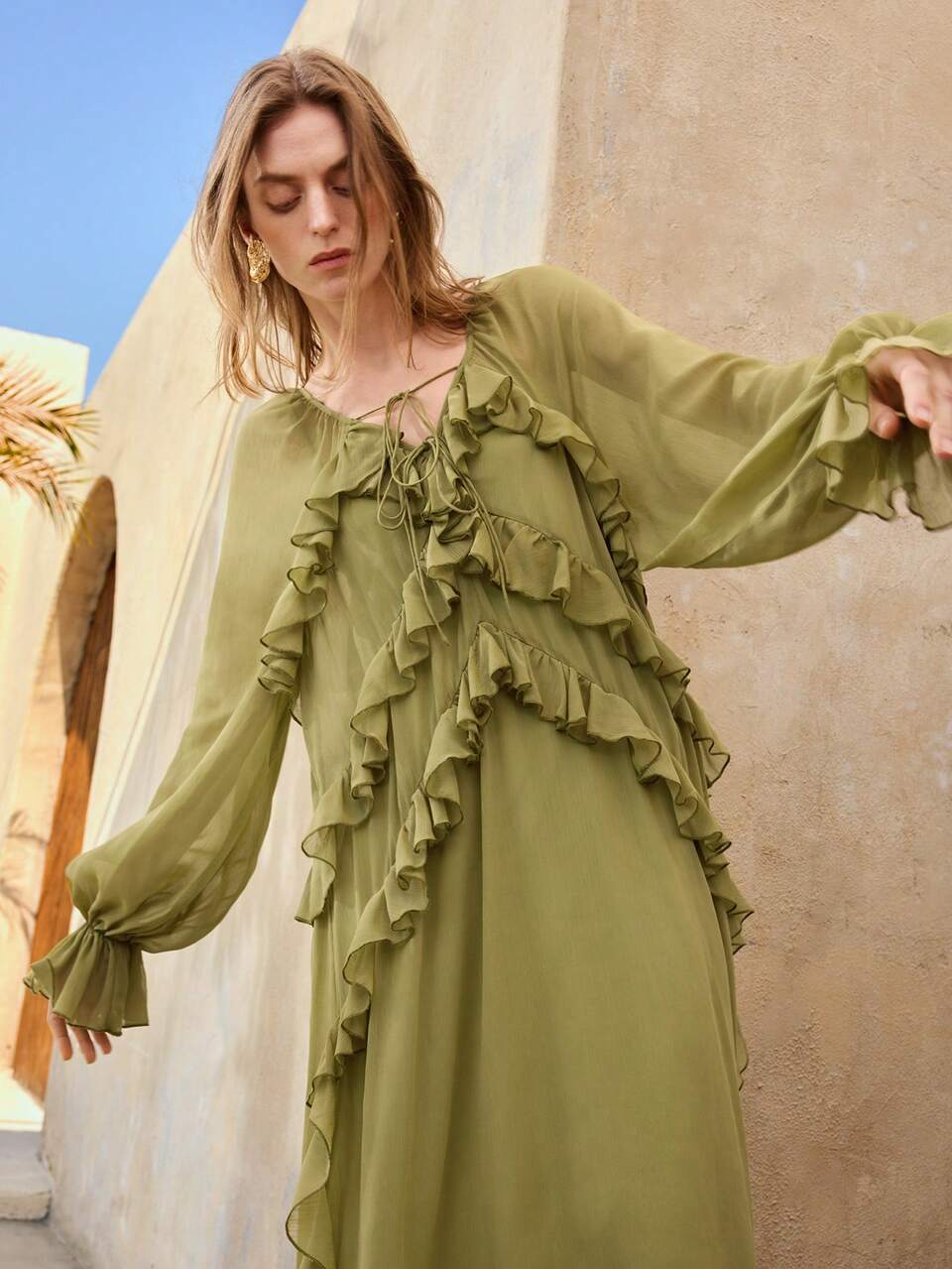 Women's Bohemian Style Dress, Chiffon Fabric With Ruffle Hem Decoration, Flowy And Comfortable, Elegant Green Long Suitable For Beach, Vacation, Boho