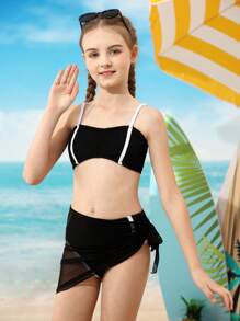 Tween Girl Colorblock Bikini Set With Cover-Up Skirt For Vacation - Black - View 3
