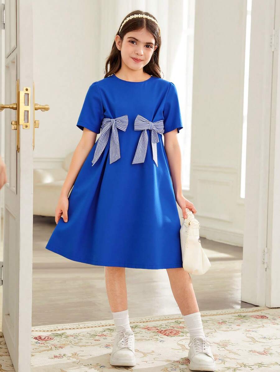 SHEIN Leap Crew 青少年女孩宽松蝴蝶结装饰 A 字短袖圆领连衣裙 - 藍色 - 查看 1