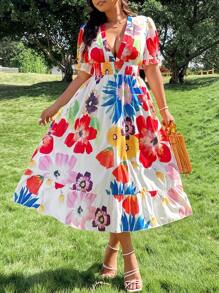 Breezaya Vestido de vacaciones con mangas abullonadas, cintura fruncida y estampado floral colorido en tallas grandes para mujer, primavera/verano