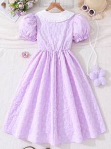 SHEIN Girls' Cute Floral Print With Bow Spring Dress - Mauve Purple - View 2