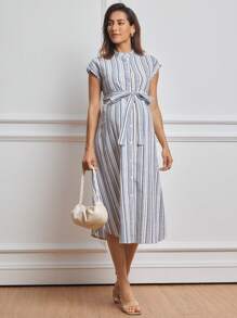MaterniWear Maternity Casual Striped Front Button Dress - Blue - View 4