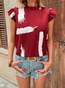 SHEIN LUNE Damen lässige, locker sitzende Bluse mit Pinselstrich-Muster und Flügelärmel