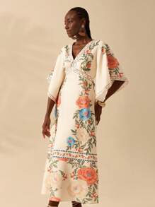 CAJUNI Women's Boho Elegant Floral Print Deep V-Neck Ruffle Sleeve Dress, Holiday & Casual Summer Dress - Multicolor - View 4