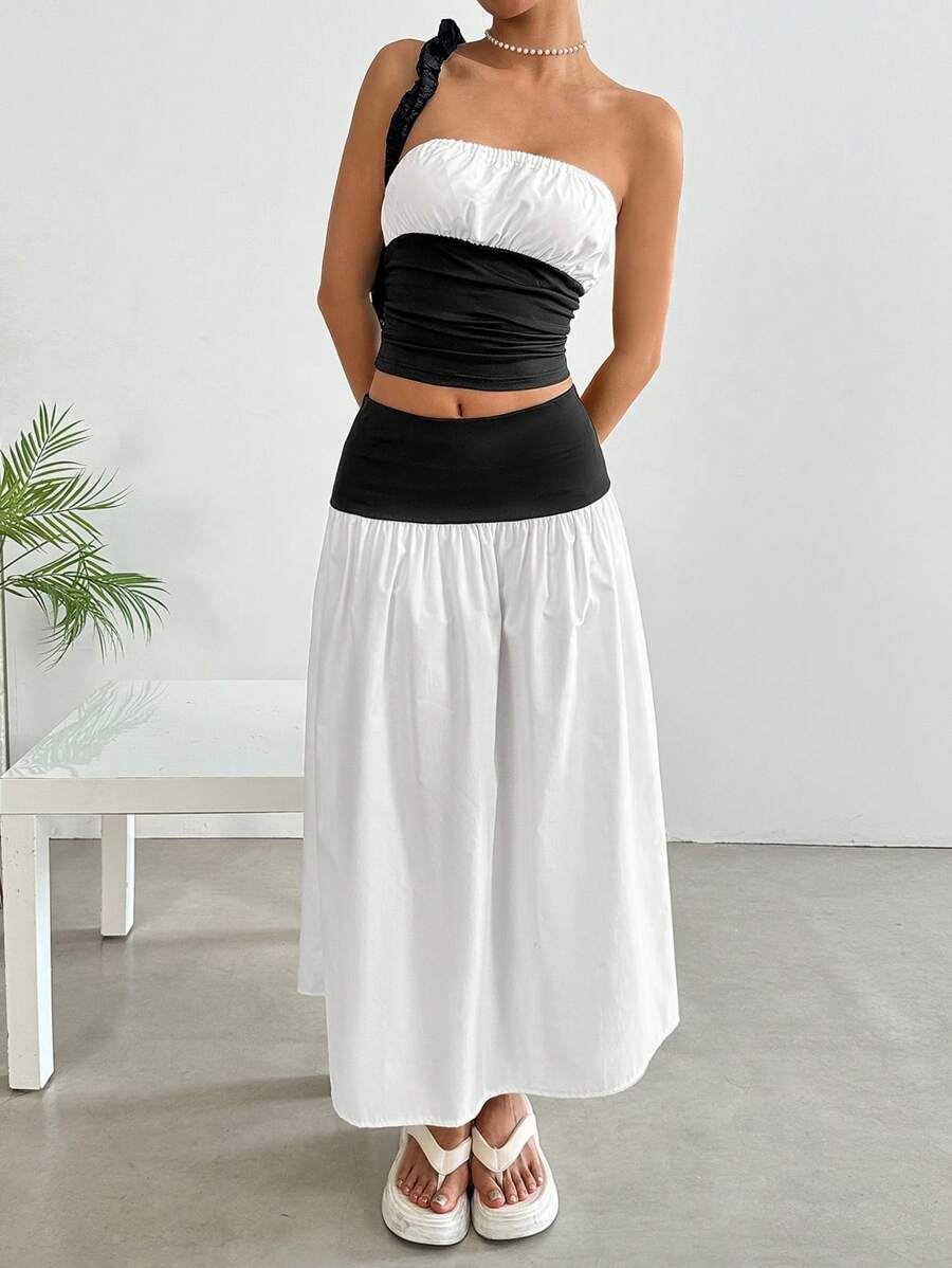 SHEIN EZwear 2pcs Women's Colorblock Ruched Bandeau Top And Skirt Set - Black and White - View 1