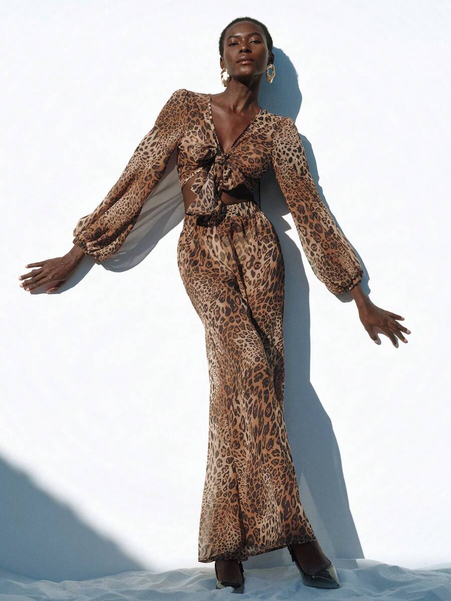 Lumivelle Damen Leopardenmuster lässiges einfaches Lässig Cover-Up Top und Hose für den Urlaub, für den Sommerurlaub am Strand