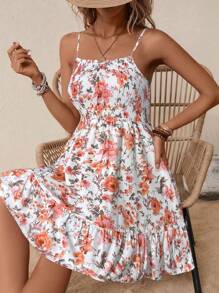 SHEIN VCAY Women Summer Floral All-Over Print Sleeveless Casual Short Dress With Spaghetti Strap,Sun Dress - Orange - View 4