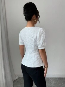 Elenzga Elegant Textured Embossed Round Neck Short Sleeve Blouse