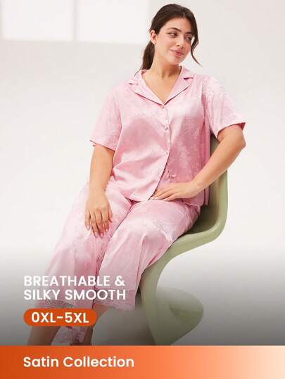 LUVLETTE Plus Silkeslen satinrosa retro elegant lyxig blommönster spetskant knäppt topp och byxor loungewear kvinnor pyjamas set byxor med fickor loungeset för kvinnor underkläder brudunderkläder, vår och sommar