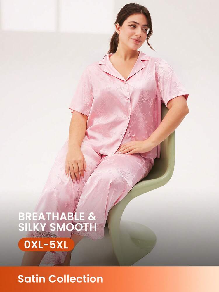 シルキーサテン ピンク レトロ エレガント 豪華 フローラル柄 レーストリム ボタンアップ トップス&パンツ ルームウェア レディース パジャマセット ポケット付きパンツ ルームウェアセット レディース ランジェリー ブライダルインナー 春夏