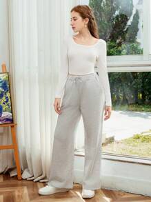2pcs/Set Teenager V-Neck Slim Fit Long Sleeve Base Layer Top And Loose Waist Casual Sports Pants Suit