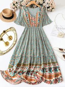 SHEIN Clasi 大码波西米亚风 V 领休闲波西米亚风格短袖长裙，适合夏季