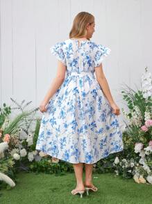 Elegante vestido para niñas adolescentes con estampado floral azul y encaje