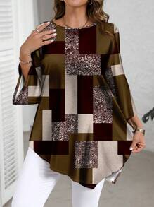EMERY ROSE Plus Size Plaid Print Casual Minimalist Allover Print Long Sleeve Shirt, Spring/Autumn Chic Blouses For Women - Multicolor - View 1