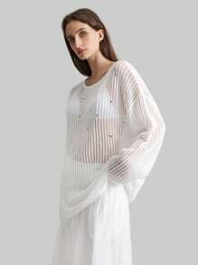 Ontre 2025 Spring Women's Bohemian Style Clothing, Valentine's Gift, Women's White Rhinestone Knitted Hollow Out Cover Up, Semi-Transparent - White - View 5