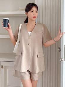 DAZY 纯色宽松西装外套和短裤女士套装商务装 - 粉色 - 查看 5