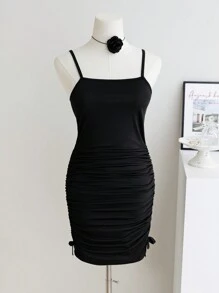 Lunivi Mädchen im Teenager-Alter Gestricktes figurnahes Kleid mit gerüschtem Träger und Seitenschleife, lässig süßer Allround-Stil Kleider für Mädchen