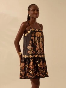 CAJUNI Women's Boho Tropical Floral Print Black & Orange Backless Tie Strap Casual Vacation Beach Mini Dress, Summer - Multicolor - View 3