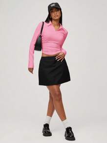 SHEIN BASICS Casual Solid Color Knitted Lapel Partial Button Down Long Sleeve Ruched Side Women Top - Pink - View 5