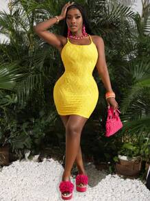 Slaydiva New Spring And Summer Leisure Vacation U-Neck Back Cross Spaghetti Straps Backless Slim Mini Skirt Yellow Wavy Texture Fabric Women's Mini Dress - Yellow - View 6