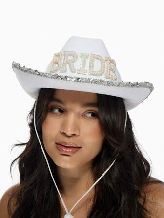 MISSGUIDED Westlicher Stil Cowgirl Fedora Braut Hut mit Perlenbesatz, Silberne Pailletten Borte, Hochzeit Junggesellinnen-Abschied Party Bridal-Shower Mode Accessoire mit Schleier