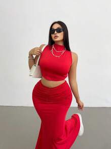 Flirla Plus Size Women 2pcs/Set Waist Skirt & Casual Top - Red - View 1