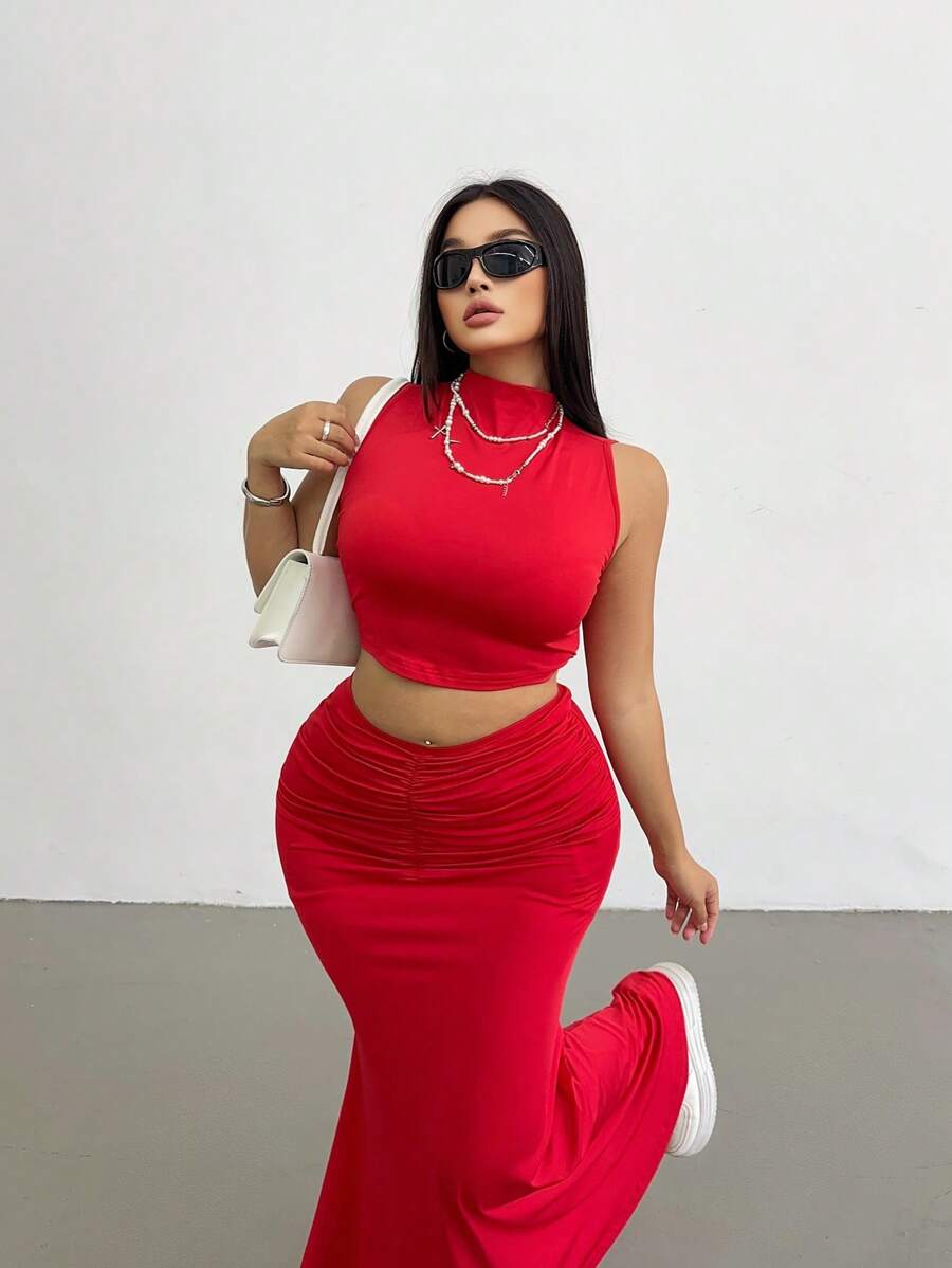 Flirla Plus Size Women 2pcs/Set Waist Skirt & Casual Top - Red - View 1