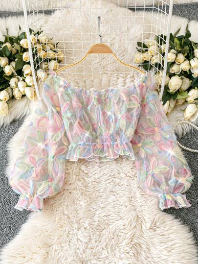 SHEIN Clasi Romantic Date  Plus Size Women's Sweet French Style 3D Floral Mesh Off Shoulder Short Blouse