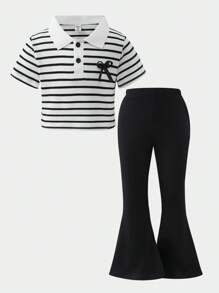 SHEIN 2pcs/Set Young Girl Stripe Bow Decor Polo Collar Short Sleeve Top And Flared Pants Set