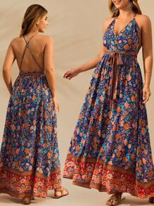 Breezaya Plus Size Women Floral Print Vintage Halter Neck Dress, Vacation Style - Multicolor - View 8