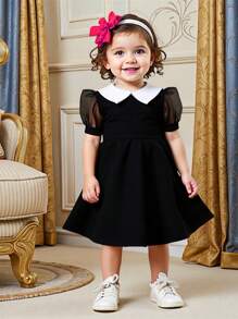 Gaun Bayi Perempuan Warna Blok dengan Kerah Peter Pan dan Lengan Pendek Berbentuk Kembang, Gaun Filipiniana Terno yang Lucu - Hitam - View 3