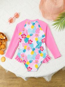 Young Girl Tropical Plant Print Raglan Sleeve One-Piece Swimsuit - Multicolor - View 2