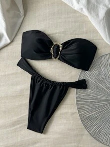 Swim Chiccia 春假女士沙滩装夏季女士服装，纯色露肩金属装饰和丁字裤比基尼泳装套装 - 黑色 - 查看 1