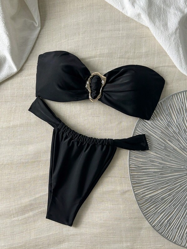 Swim Chiccia Spring Break Women Beach Wear Summer Outfits For Women, Solid Color Strapless Metal Decor And Thong Bikini Swimwear Set