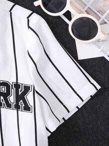 Young Boy Casual Striped Letter Print Stand Collar Short Sleeve Shirt, Comfortable Sporty Style Suitable For Daily Wear, School, Travel, Sports, Spring And Summer - White - View 3