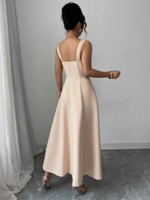 Elenzga Vestido elegante francés de mujer de corte princesa con cintura ceñida y espalda descubierta, para primavera y verano - Caqui - Ver 2