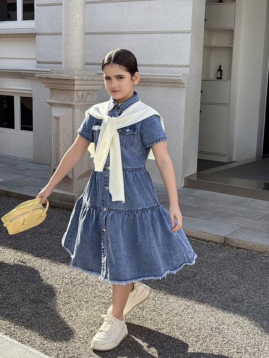 Tween Girls Y2K Style Denim Dresses, Vintage Patchwork Denim Color Block Design, Waist Cinched Details, Casual & Fashionable Simple Denim Dress For Girls, Spring/Summer, School, Campus, College - Medium Wash - View 1