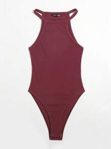 SHEIN EZwear Women's Solid Color Rib-Knit Halter Bodysuit - Maroon - View 3