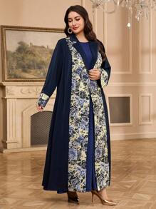Al Najma Abaya de style arabe élégante à imprimé floral et manches longues pour femmes grandes tailles