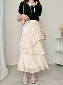 FRIFUL 女士杏色褶皱荷叶边不对称半身裙，春秋季半身裙 - 杏色 - 查看 6