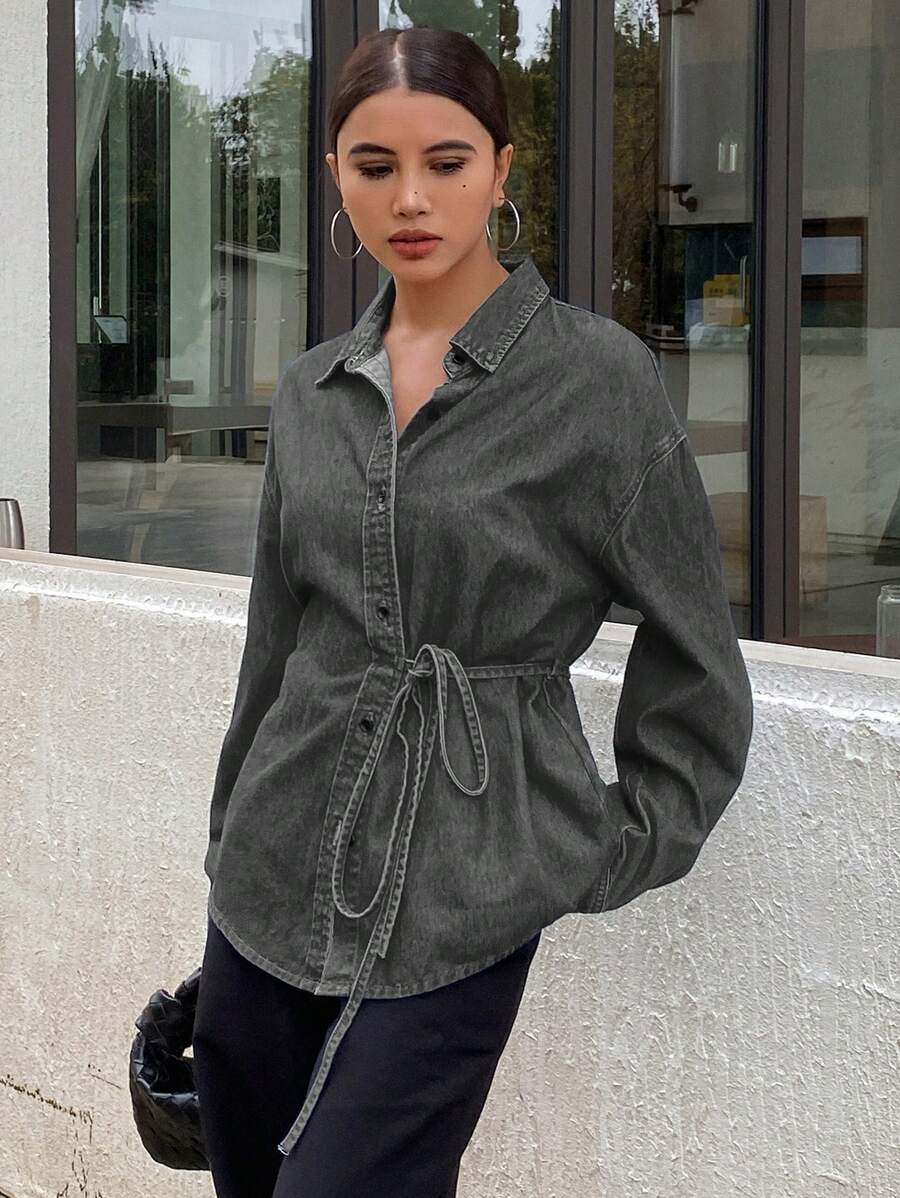 DAZY 纯色系带宽松翻领长袖休闲夏季女式牛仔衬衫、秋装、牛仔夹克 - 灰色 - 查看 1