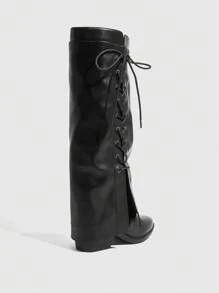 CUCCOO SZL Fashionable Black Side Lace-Up Thigh High Boots, For Holidays, Music Festival For Spring Shoes Spring Break Easter For Christmas - Black - View 6