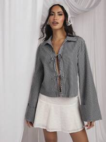 COSMINA Women's Casual Striped Tie Front Bell Sleeve Shirt - Black and White - View 3