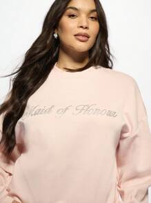 MISSGUIDED PLUS 大尺碼伴娘婚禮派對運動衫，水晶水鑽設計，新娘派對必備居家休閒服，寬鬆舒適穿著 - 粉色 - 查看 5