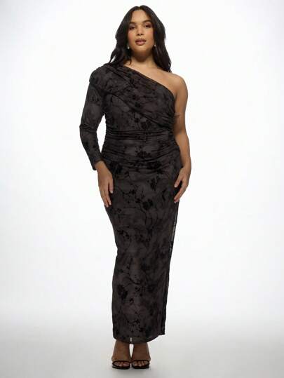 MISSGUIDED PLUS Elegant One Shoulder Floral Velvet Maxi Dress Plus Size Evening Gown Holiday Party Wedding Guest Special Occasion Long Sleeve Ruched Formal Dress