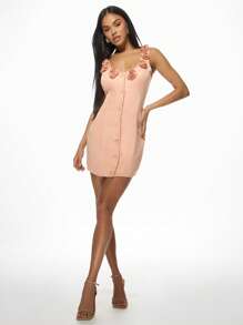 MISSGUIDED Vestido corto elegante con botones delanteros y aplicaciones de rosas, sin mangas, vestido ajustado ideal para cocteles y eventos especiales, perfecto para una cita o primavera-verano