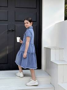 Tween Girls Y2K Style Denim Dresses, Vintage Patchwork Denim Color Block Design, Waist Cinched Details, Casual & Fashionable Simple Denim Dress For Girls, Spring/Summer, School, Campus, College - Medium Wash - View 4
